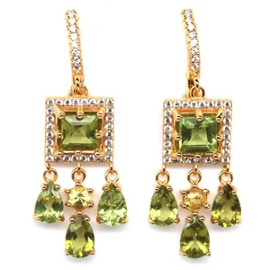 925 Silver Handmade 6 x 6 mm. Green Peridot & White Zircon Earrings - Picture 1 of 4