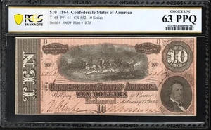 ⭐⭐ T-68 1864 $10 CONFEDERATE CURRENCY PCGS 63 PPQ CIVIL WAR NOTE 50609 - Picture 1 of 2