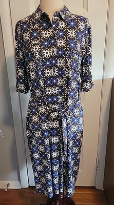NWT Charter Club XL Blue Brown Medallion Print S/S Stretch Knit Shirt Dress Belt - Image 1 of 4