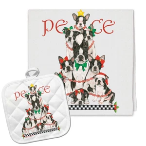 Boston Terrier Holiday Dish Towel & Pot Holder Set - Picture 1 of 1