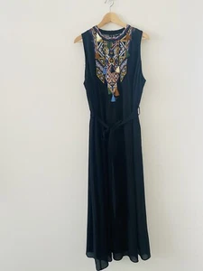City Chic NEW Maxi Dress Size S 16 Black Tassels Waist Tie Embroidered Tribal - Picture 1 of 8