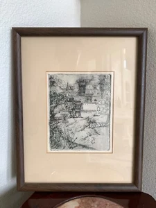 Vintage Grafik Feder und Tusche Fantasy gerahmte Wandkunst Zeichnung mythisches Schloss SIGNIERT - Bild 1 von 12