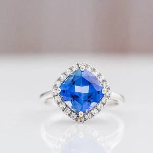 Tanzanite & Diamond Cocktail Ring 10k White Gold Size 7 9mm Cushion Cut CB43 - Picture 1 of 9