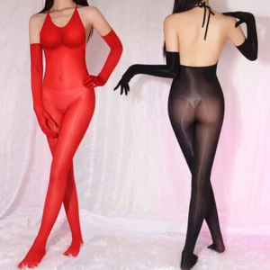 Women's Halter Jumpsuit Sheer Nylon Bodysuit Shiny Catsuit Bodyhose Bodystocking - Picture 1 of 28
