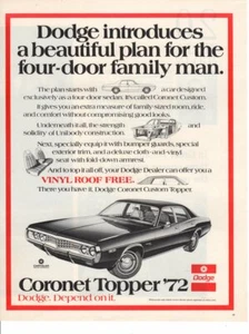 Carro de publicidad con publicidad impreso vintage Dodge 1972 Coronet Topper hermoso plano arte - Imagen 1 de 1