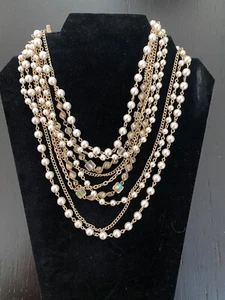 Necklace Pearl, Vintage Multi Strand, Pearl & Chain, & Crystal Adjustable, Japan - Picture 1 of 10
