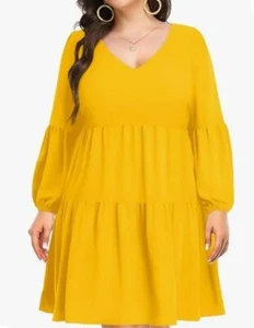 Pinup Fashion Women's Plus Size Tunic Dress Long Sleeve V Neck Yellow Size 24W - Picture 1 of 2