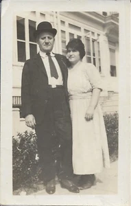 Man And Lady Photograph Suit Bowler Derby White Dress 1920 2 7/8 x 4 1/2 - Picture 1 of 3