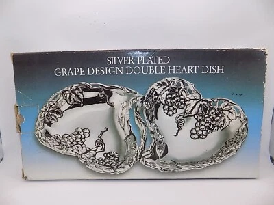 Godinger Double Heart Silver Dish Grape Plated Design Art Serving Candy Trinket - Image 1 of 4
