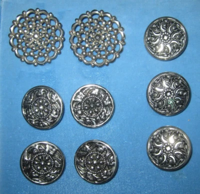 Lot of 9 vintage silver tone metal buttons w intricate design, cut steels - Image 1 of 4