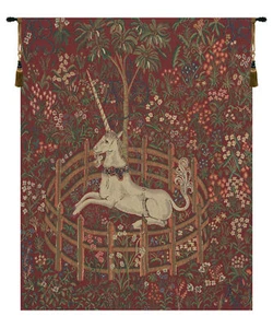Einhorn in Gefangenschaft rot gewebt Jacquard Deko belgischer Wandteppich Wandbehang - Bild 1 von 4