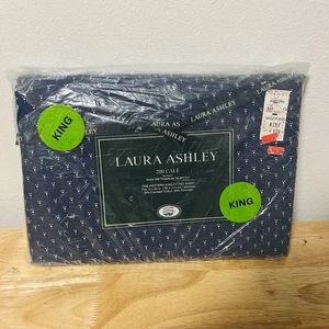 Vtg Laura Ashley Nutmeg Navy Blue KING Western Fitted Sheet 72x84 NOS - Picture 1 of 7