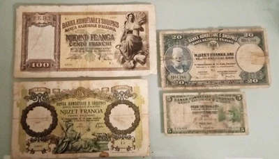 Albania Banknotes 1926 And 1939 4X 5,20,20 And 100 Franga Ari In Good Condition - Image 1 of 2