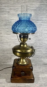 Electric Aladdin Lamp Brass & Wood Base Fenton Blue Diamond Quilted Glass Shade - Picture 1 of 24