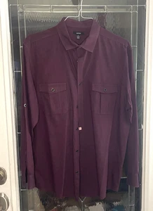 Alfani Shirt Mens XL 17.5 Burgundy Button Up Shirt 2 Pockets Roll - Tab Sleeves - Picture 1 of 10