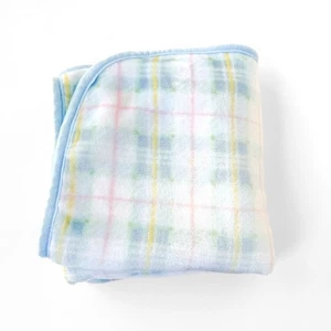 Vintage 80s 90s Springmaid Plush Baby Blanket Pastel Plaid Acrylic Nursery 29x37 - Picture 1 of 10