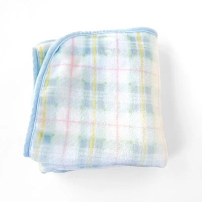 Vintage 80s 90s Springmaid Plush Baby Blanket Pastel Plaid Acrylic Nursery 29x37 - Image 1 of 4