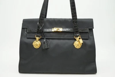 GIANNI VERSACE Vintage Shoulder Bag Tote Medusa Leather Nylon Black 4074h - Image 1 of 4