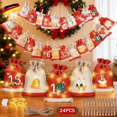 Adventskalender zum Befüllen 24 Stk Weihnachtskalender DIY Jutesäcke Säckchen DE - Bild 1 von 4
