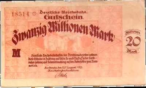 1923 Germany REICHSBAHN 20.000.000 / 20 Million Mark Banknote - Picture 1 of 2