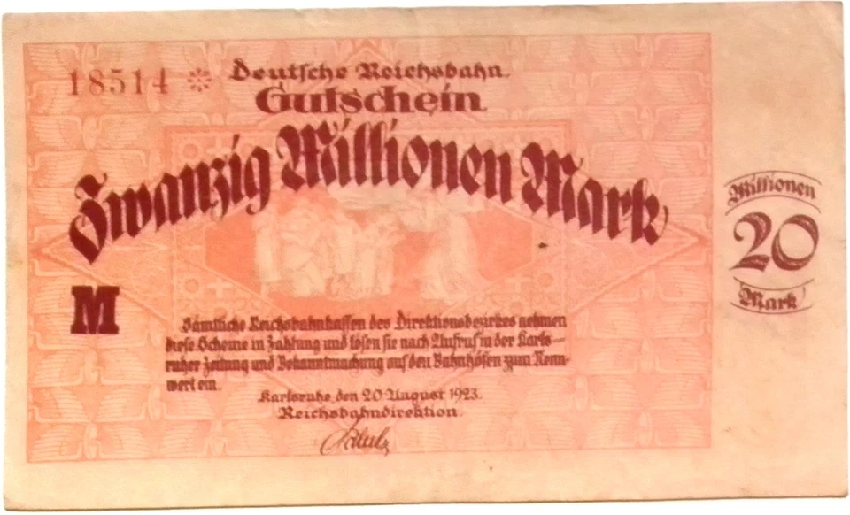 1923 Germany REICHSBAHN 20.000.000 / 20 Million Mark Banknote - Image 1 of 2