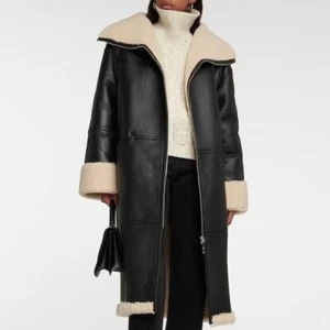 Shearling Leather trench Coat Women's Black Sheepskin B3 Bomber Fur Aviator USA - Picture 1 of 9