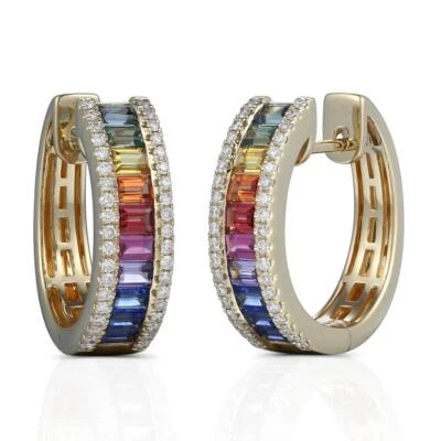Rainbow Sapphire & Diamond Rose Gold Hoop Earrings - Image 1 of 3