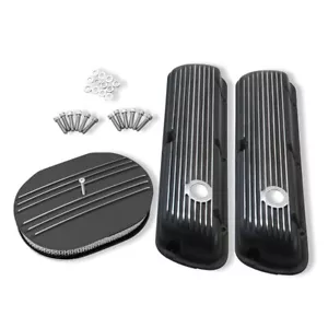 For Ford SBF 260 351W 1964-73 Retro Finned Short Valve Covers & 12" Air Cleaner - Picture 1 of 10