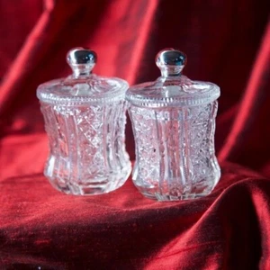 Paar / 2x gepunzte massive Sterling Silber Kristall / Glas Schminktischtöpfe - Bild 1 von 4