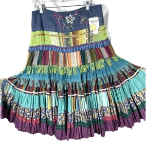 Boho Tiered Patchwork Peasant Maxi Peasant Skirt Size XL Lace Sandy Starkman - Picture 1 of 13