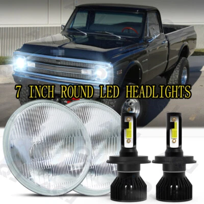 Pair For Chevy C10 K10 K20 K5 1975-1980 105W 7" Round LED Headlights Hi/Lo Beam - Image 1 of 4