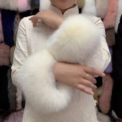 Real Fox Fur Cuffs Winter Coat Arm Warmer Sleeve Women Wrist Warm Fox Fur Gloves - Image 1 of 4