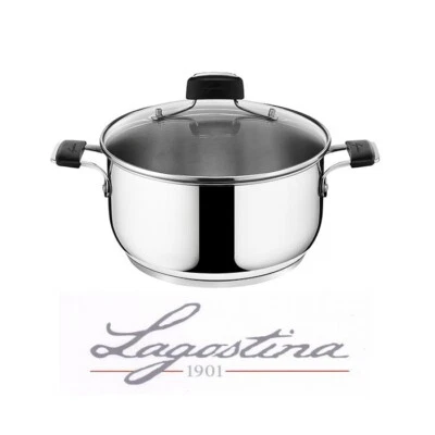 LAGOSTINA CASSERUOLA TEMPRA IN ACCIAO INOX E COPERCHIO CM 16 18 20 22 24 26 - Immagine 1 di 4