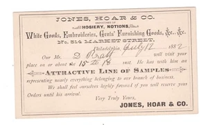 PHILADELPHIA PA 1882 AD CARD JONES, HOAR & CO MARKET ST. CALZETTERIA, NOZIONI ECC - Foto 1 di 2