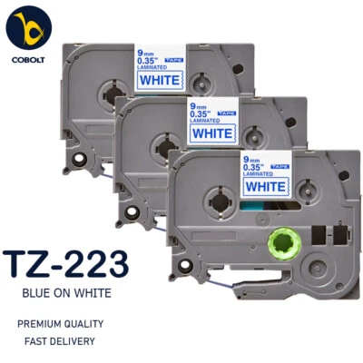 3 Label Tape Compatible With Brother Blue on White TZ223 PT- E100VP E300VP - Image 1 of 4