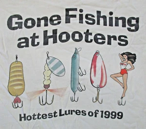 T-shirt vintage Hooters adulto taglia L grande andata a pesca esche più calde del 1999 - Foto 1 di 12