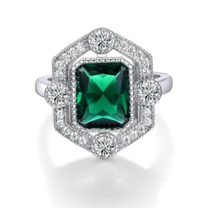Ladies Solid Sterling 925 Silver 3 Carat Emerald & White Sapphire Halo Ring - Picture 1 of 5