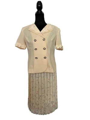 Women's Leslie Fay Skirt Suit Size 8 Petite Vintage Pleated Shoulder Pads Floral - Image 1 of 4