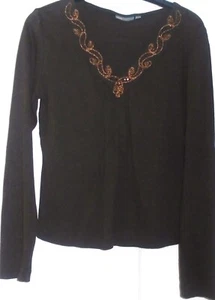 Mexx Embroidered Neckline Top dark brown cotton long sleeved V neck Size xl vgc - Picture 1 of 2