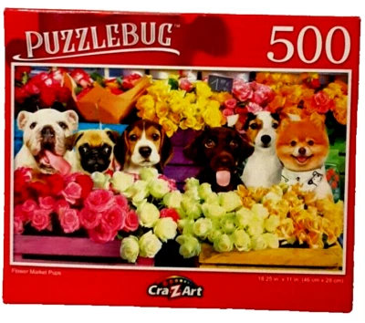 CraZart Puzzlebug Jigsaw Puzzle Flower Market Pups 500 Pieces NIB - Image 1 of 2