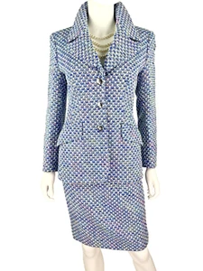 Escada New 4 US 34 D 40 IT S Blue Tweed Wool 2 Pc Skirt Suit Blazer Jacket Coat - Picture 1 of 18