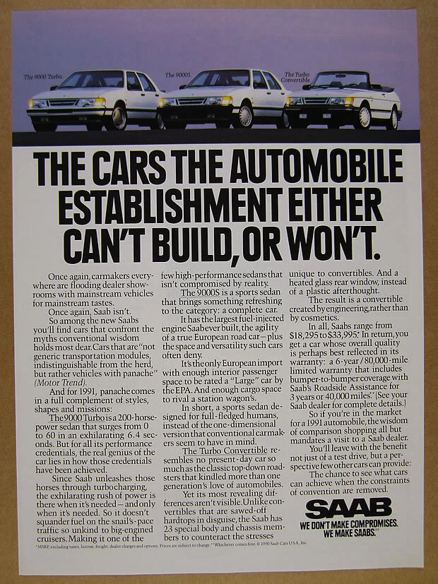 1991 Saab 9000 Turbo 9000S & Turbo Convertible white cars photo print Ad - Image 1 of 1