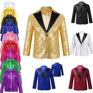 Kids Boys Sequin Shiny Jacket Stage Performance Coat Wedding Party Dancewear - Picture 1 of 129