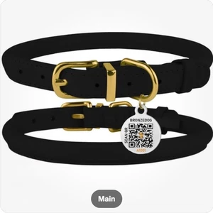 BRONZEDOG gerolltes Echtleder Hundehalsband SCHWARZ QR ID Tag verstellbar 9"-12,5" - Bild 1 von 5