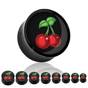 Black Acrylic Saddle Plug with Inlayed Cherry Picture Insert - Sold as a pair 9/ - Picture 1 of 1