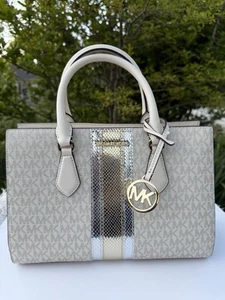 Michael Kors Sheila Metallic Front Stripe Medium Leather Satchel Pale Gold - Picture 1 of 6