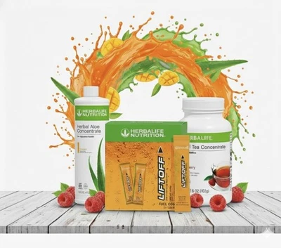 Herbalife Raspberry Tea 3.6oz+Mango Aloe Pint+30 Ignite-Me Orange Liftoff Sticks - Image 1 of 4