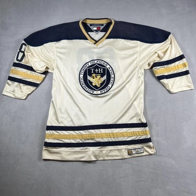 Camiseta deportiva de hockey Tommy Hilfiger vintage para hombre pequeña atlética azul crema dorado años 90 Foto 1 de 4