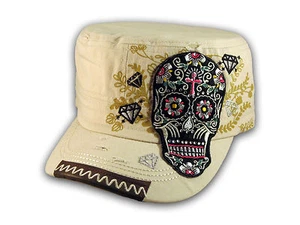 Sugar Skull on Stone Color Cadet Hat Military Cap - Picture 1 of 4
