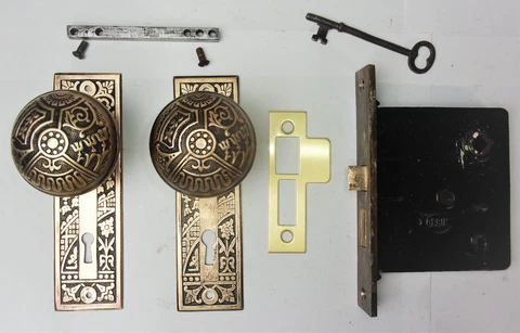Antique Set EASTLAKE VICTORIAN AESTHETIC Backplates Door Knob Mortise Lock w Key Cover